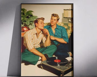 Gay Couple Mid-Century Romance Print: Vintage Men Illustration, Retro LGBTQ Decor
