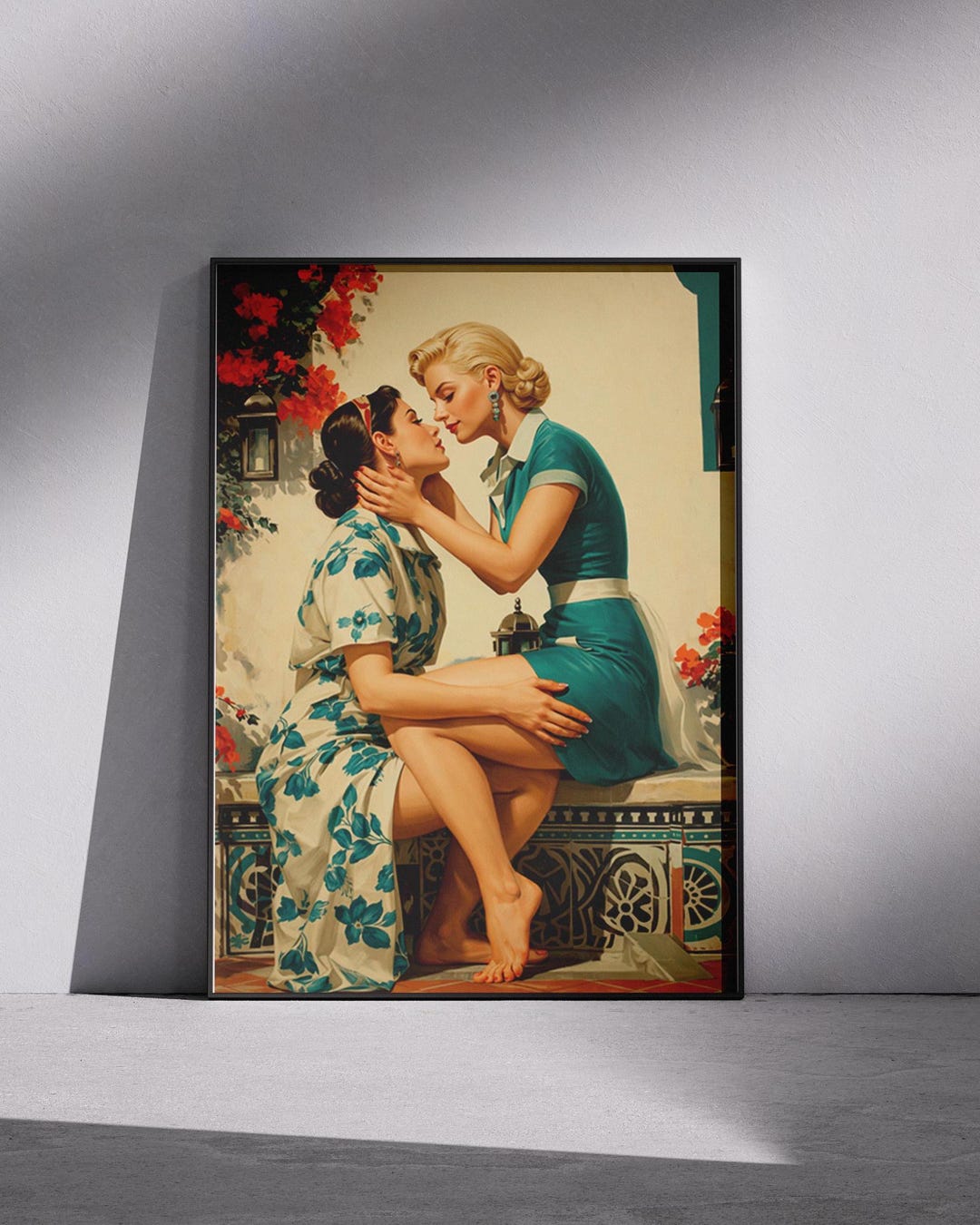 Soft Lesbian Sitting Kiss Print: Sapphic Intimate Moment Poster