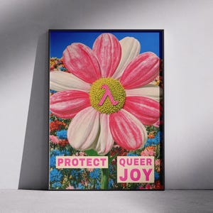 Op de afbeelding: Een ingelijste rechthoekige kunstdruk met een grote centrale bloem met roze en witte bloemblaadjes en een geel hart gemarkeerd met een roze lambdasymbool. Onder de bloem staat de tekst PROTECT QUEER JOY tegen een veld met wilde bloemen.