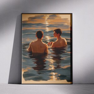 Gay maskulin väggkonsttryck, manliga figurer som simmar, poster med målning, sensuell intim konst, queer estetisk dekor, retro gaykonst