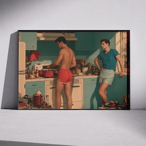 Kökstryck med queera män, vintage retro HBTQ-väggkonst, sommarglädjeposter