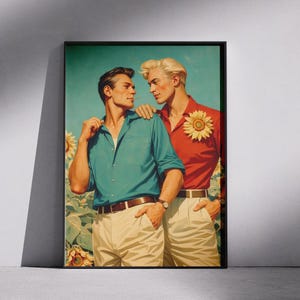 Vintagetryck av solrosfält med par: Queerkonst från mitten av århundradet, manliga älskare