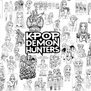 May include: A collection of black and white illustrations featuring characters and the text "KPOP DEMON HUNTERS". The images include various figures, some with detailed outfits and hairstyles, and others in a more cartoonish style. The illustrations are in a manga or anime style.