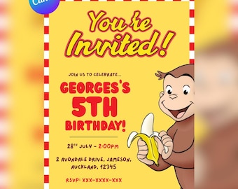 Curious George Birthday Invitation: Editable Canva Template (5x7", PDF)
