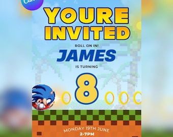 Sonic Birthday Invitation: Gaming Party, Editable Canva Template