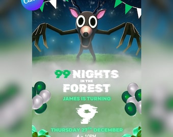 99 Nights In The Forest Birthday Invitation: Editable Canva Template (5x7", PDF) (ROBLOX) (GREEN)