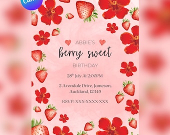 Strawberry Birthday Invitation: Pink Summer Theme, Canva Template (Instant Download)