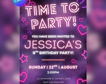 Neon Disco Birthday Invitation: Editable Canva Template (5x7", PDF)