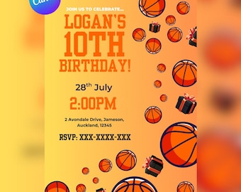 Basketball Birthday Invitation: Editable Canva Template (5x7", PDF) Orange/Basketball Theme