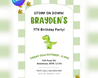 Stomp On Down Birthday Invitation: Dinosaur Invitation, Kids Invite - Canva (Editable Template)