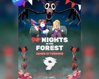 99 Nights In The Forest Birthday Invitation: Editable Canva Template (5x7", PDF) (ROBLOX)