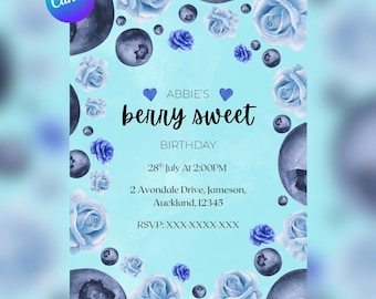 Blueberry Berry Sweet Birthday Invitation: Editable Canva Template (5x7", PDF)