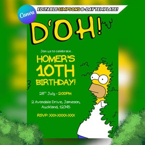 Invitación de cumpleaños con la escena de Homero Bush de Los Simpson: Plantilla editable de Canva (5x7", PDF)
