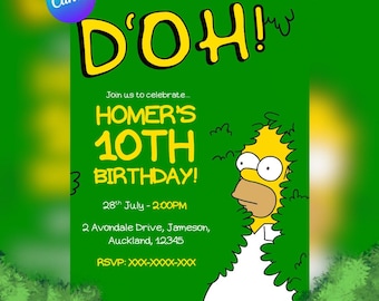 Simpsons Homer Bush Scene Birthday Invitation: Editable Canva Template (5x7", PDF)