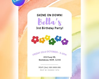 Sunshine N' Rainbows Birthday Invitation: Editable Canva Template (5x7", PDF) (Rainbows)