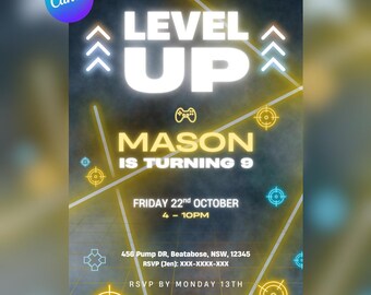Gamer Birthday Invitation: Level Up, Editable Template (Canva)
