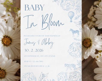Baby In Bloom | Baby Shower Invitation | Blue Blooming Theme (Canva Template)