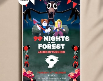 99 Nights In The Forest Birthday Invitation: Editable Canva Template (5x7", PDF) (ROBLOX)