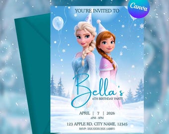 Frozen (Anna/Elsa) Birthday Invitation | Editable Canva Template | Printable Party Invite for Girl | Instant Digital Download Card