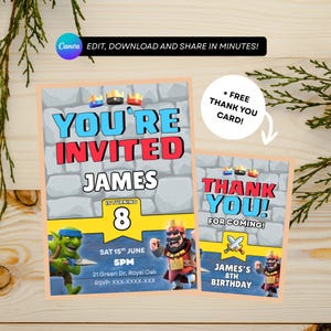 May include: A birthday party invitation and thank you card set. The invitation features the text "YOU'RE INVITED JAMES" with the number "8" and event details. The thank you card says "THANK YOU!" and "FOR COMING!"