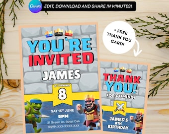 Clash Royale Birthday Invitation: Gaming Theme, Editable Canva Template (Instant Download)