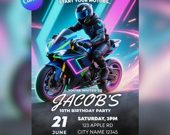 Neon Tech Biker Birthday Invitation | Editable Biker Racer Themed Kids Party Invite | Instant Download | Canva
