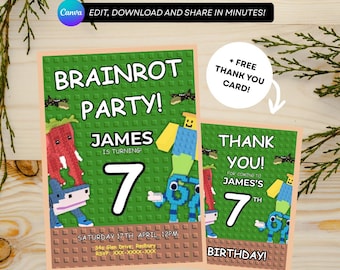 Roblox Birthday Invitation: Steal A Brainrot, Gaming Party (Editable Template)
