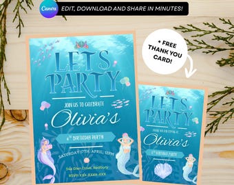 The Little Mermaid Birthday Invite, Mermaid Kids Birthday Invite, Disney (Customizable Template)