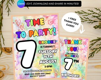 Pink Rainbow Tie Dye Birthday Invitation: Editable Canva Template (Instant Download)