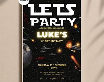 Invito di compleanno a tema Star Wars: modello Canva modificabile (5x7", PDF)