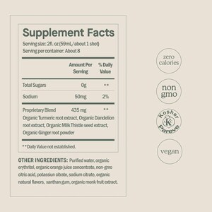 May include: A supplement facts label with text including "Supplement Facts", "Serving size: 2fl. oz (59mL/about 1 shot)", and "zero calories". The label also indicates the product is non-GMO, Kosher Pareve, and vegan.