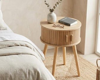 Comodino Japandi in Legno - Tavolino da Salotto Rotondo Design Scandinavo - Tavolino d'Appoggio con Contenitore - Design Minimalista
