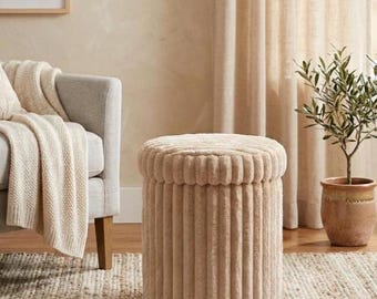 Pouf Contenitore Teddy - Sgabello Velluto a Coste Tondo - Poggiapiedi Bouclé con Spazio - Sedia Trucco Camera da Letto - Arredo Casa