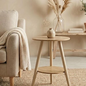 Peut inclure: Une petite table d'appoint ronde en bois clair, avec trois pieds inclinés et une étagère inférieure. Elle supporte un petit vase beige contenant de fines fleurs blanches. Un canapé beige et un tapis tissé sont en arrière-plan.