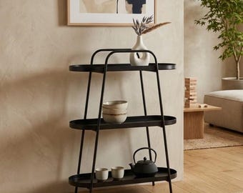 Metalen Plantenstandaard - 3 Laags Japandi Rek - Minimalistische Zwarte Kast - Industrieel Design Rek - Creme & Zwart