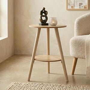 Mesa Auxiliar Redonda de Madera con 2 Niveles - Mesita de Centro Escandinava - Soporte para Plantas Interior - Decoración Boho - Ø 38 cm