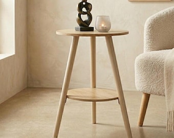 Mesa Auxiliar Redonda de Madera con 2 Niveles - Mesita de Centro Escandinava - Soporte para Plantas Interior - Decoración Boho - Ø 38 cm