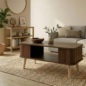 Skandynawski stolik kawowy ze schowkiem – zrównoważone drewno sosnowe i płyta MDF – minimalistyczny stolik prostokątny – nowoczesna dekoracja domu w stylu skandynawskim – 77 x 37 cm