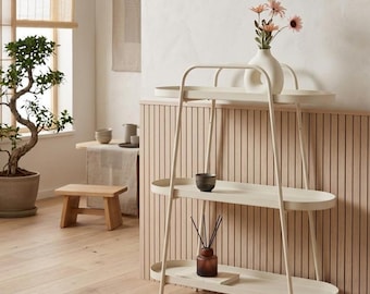Portapiante in Metallo a 3 Ripiani - Scaffale Stile Japandi - Mobiletto Nero Minimalista - Mobile Industriale - Nero e Crema