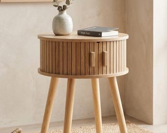 Nachttisch Japandi Stil aus Holz - Runder Beistelltisch Skandinavisches Design - Kleiner Couchtisch mit Stauraum - Minimalistisches Design