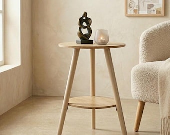 Tavolino rotondo in legno, tavolino laterale a 2 ripiani, tavolino da soggiorno dallo stile minimalista, supporto per piante a due livelli, tavolino d'accento moderno.