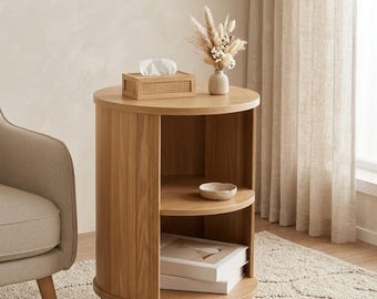 Tavolino da Salotto Pine Wood & MDF | Comodino Scandinavo | Ø 37 x 51 cm | Tavolino Rotondo | Mobiletto da Letto | Design Moderno Legno DIY