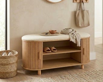 Scandi Sitztruhe mit Rolltüren - Japandi Stauraumbank Eichenoptik - Minimalistische Flurbank & Bettbank - 90 cm