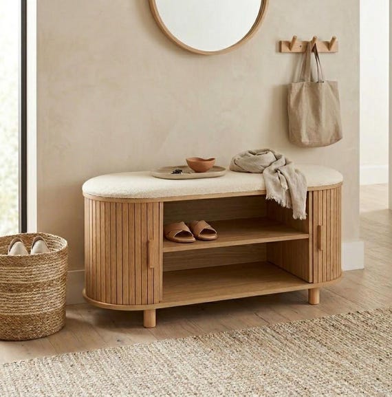 Scandi Sitztruhe mit Rolltüren - Japandi Stauraumbank Eichenoptik - Minimalistische Flurbank & Bettbank - 90 cm