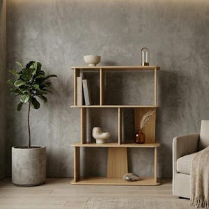 Peut inclure: Une étagère en bois clair avec plusieurs étagères, exposant des objets décoratifs. Une plante en pot est à gauche. Un fauteuil beige avec une couverture est à droite. Le fond est un mur gris texturé.