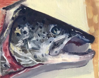 Salmon head original oil painting 6”x6”x1”