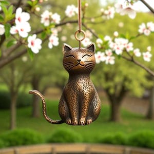 Metal cat wind chime for outdoor garden décor, 15cm hanging cat ornament made of rust-resistant metal, outdoor chime for porch decoration, cute cat silhouette chime for yard art, modern cat bell for balcony or patio, feline wind bell for outdoor hanging décor, soft sound metal chime for garden spaces, lightweight cat ornament for porch, simple outdoor hanging chime for natural décor settings.