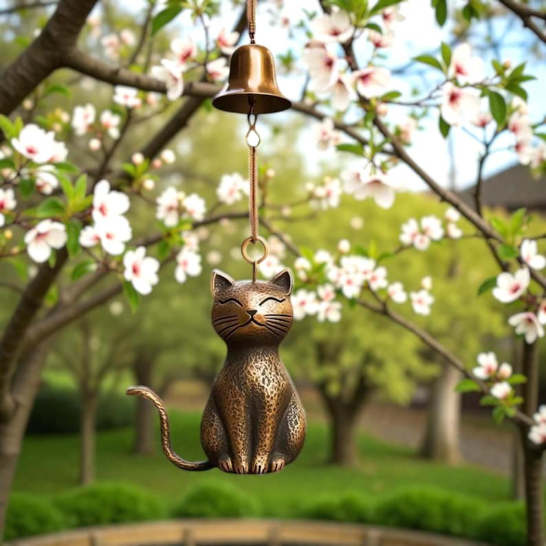 Metal cat wind chime for outdoor garden décor, 15cm hanging cat ornament made of rust-resistant metal, outdoor chime for porch decoration, cute cat silhouette chime for yard art, modern cat bell for balcony or patio, feline wind bell for outdoor hanging décor, soft sound metal chime for garden spaces, lightweight cat ornament for porch, simple outdoor hanging chime for natural décor settings.