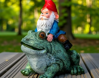 Estatua de gnomo jinete de rana / Decoración caprichosa de resina para exteriores
