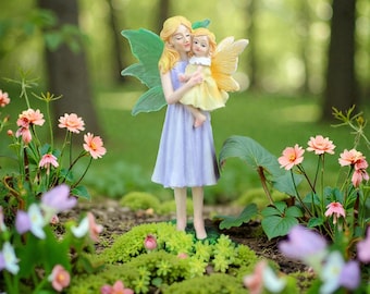 Figura de hada de las flores con forma de madre e hija, decoración de hadas de resina, adorno de alas que brillan en la oscuridad, regalo de jardín de fantasía, decoración de mesa para el hogar.